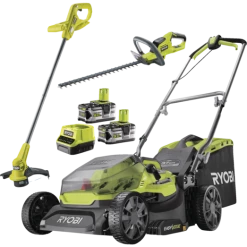 Ryobi Sæt Med Plæneklipper, Græstrimmer, Hækkeklipper 2x5.0 Ah Batteri Og Lader