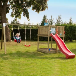 Plus Play Legetårn U/tag Inkl. Gyngestativ Og Røde Gynger Trykimprægneret